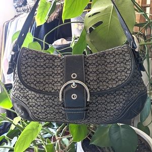 COACH Handbag Black/Gray Signature Jacquard Shoulder Bag Soho Buckle Flap